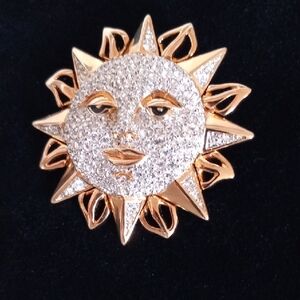 Vintage Swarovski Sun Face Brooch with Pave Crystals, Gold-Tone Setting